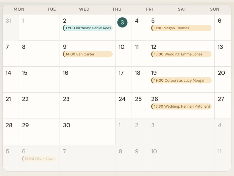 A month view in VendorPad showing catering bookings across September