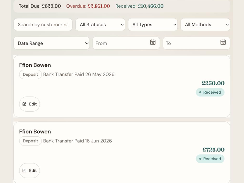 The VendorPad payments list showing amounts due, overdue and received
