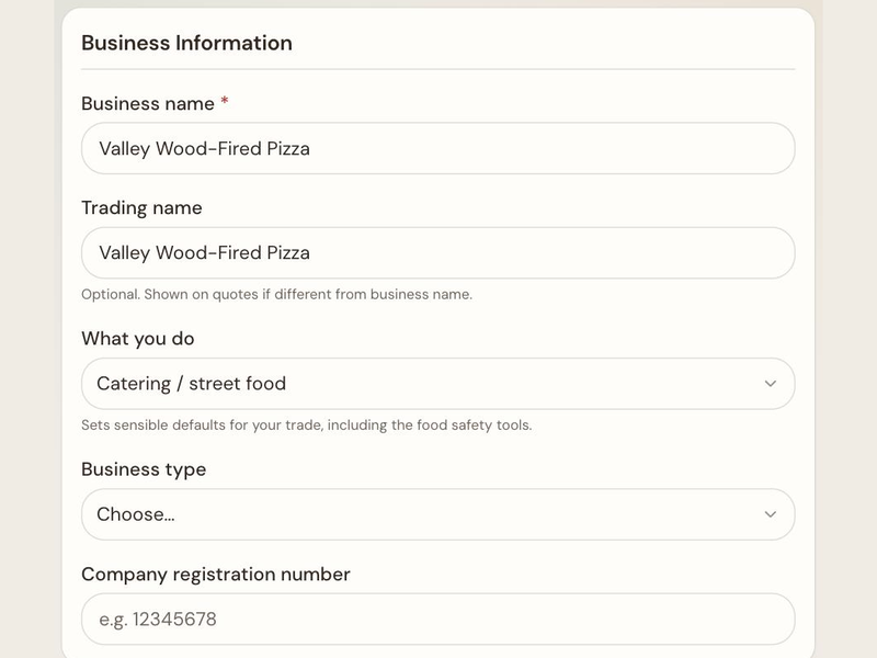 The business details screen in VendorPad, with business name, trade and registration fields