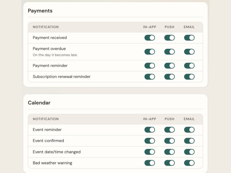 VendorPad notification settings with in-app and email toggles for payment and event reminders